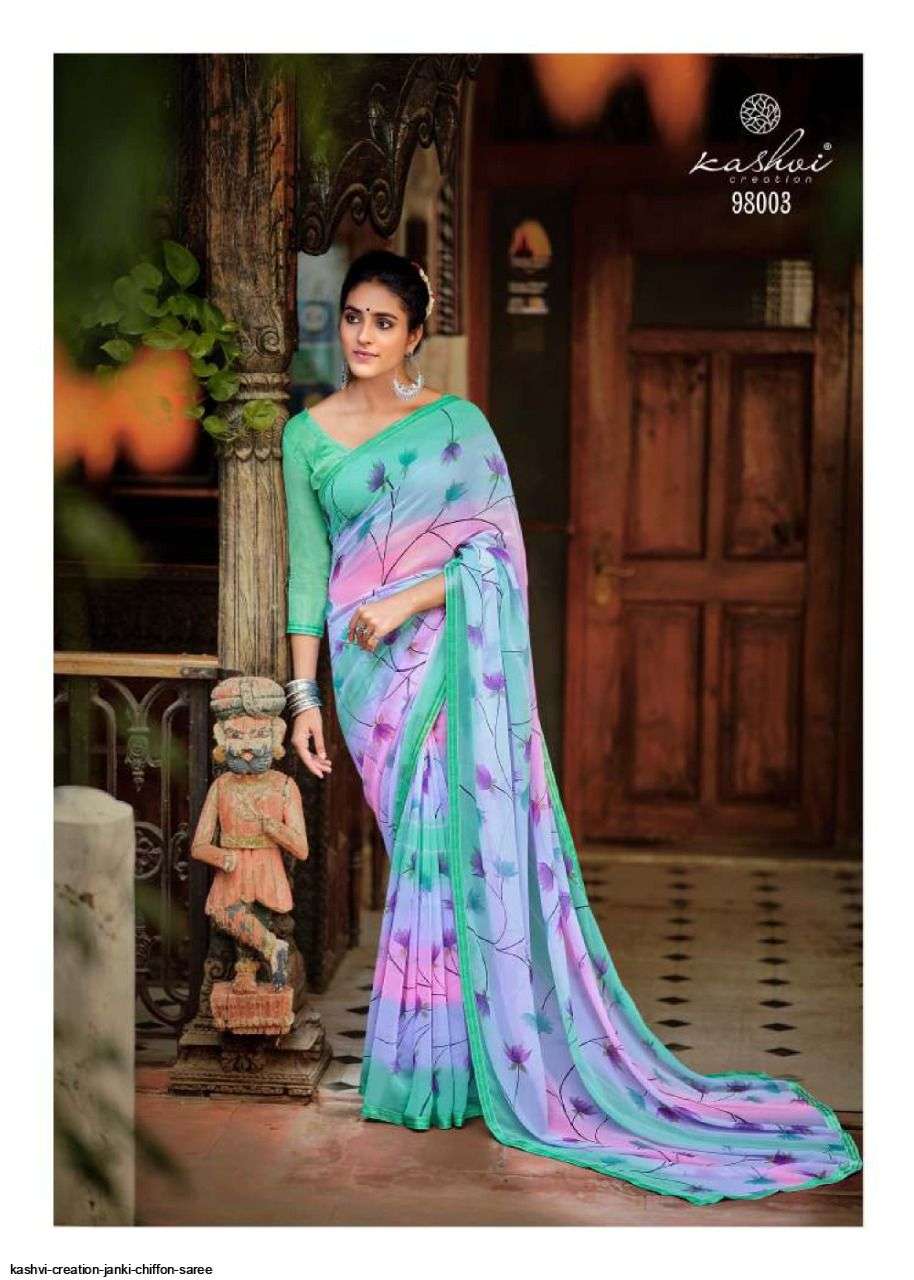 JANKI BY KASHVI CREATION 98001 TO 98010 SERIES INDIAN TRADITIONAL WEAR COLLECTION BEAUTIFUL STYLISH FANCY COLORFUL PARTY WEAR & OCCASIONAL WEAR CHIFFON SAREES AT WHOLESALE PRICE