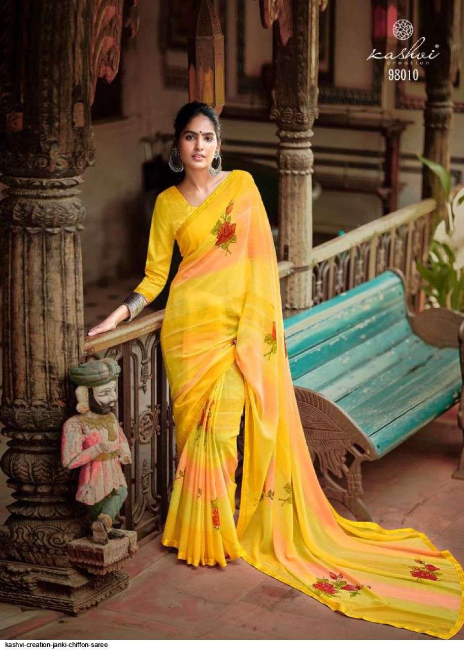 JANKI BY KASHVI CREATION 98001 TO 98010 SERIES INDIAN TRADITIONAL WEAR COLLECTION BEAUTIFUL STYLISH FANCY COLORFUL PARTY WEAR & OCCASIONAL WEAR CHIFFON SAREES AT WHOLESALE PRICE