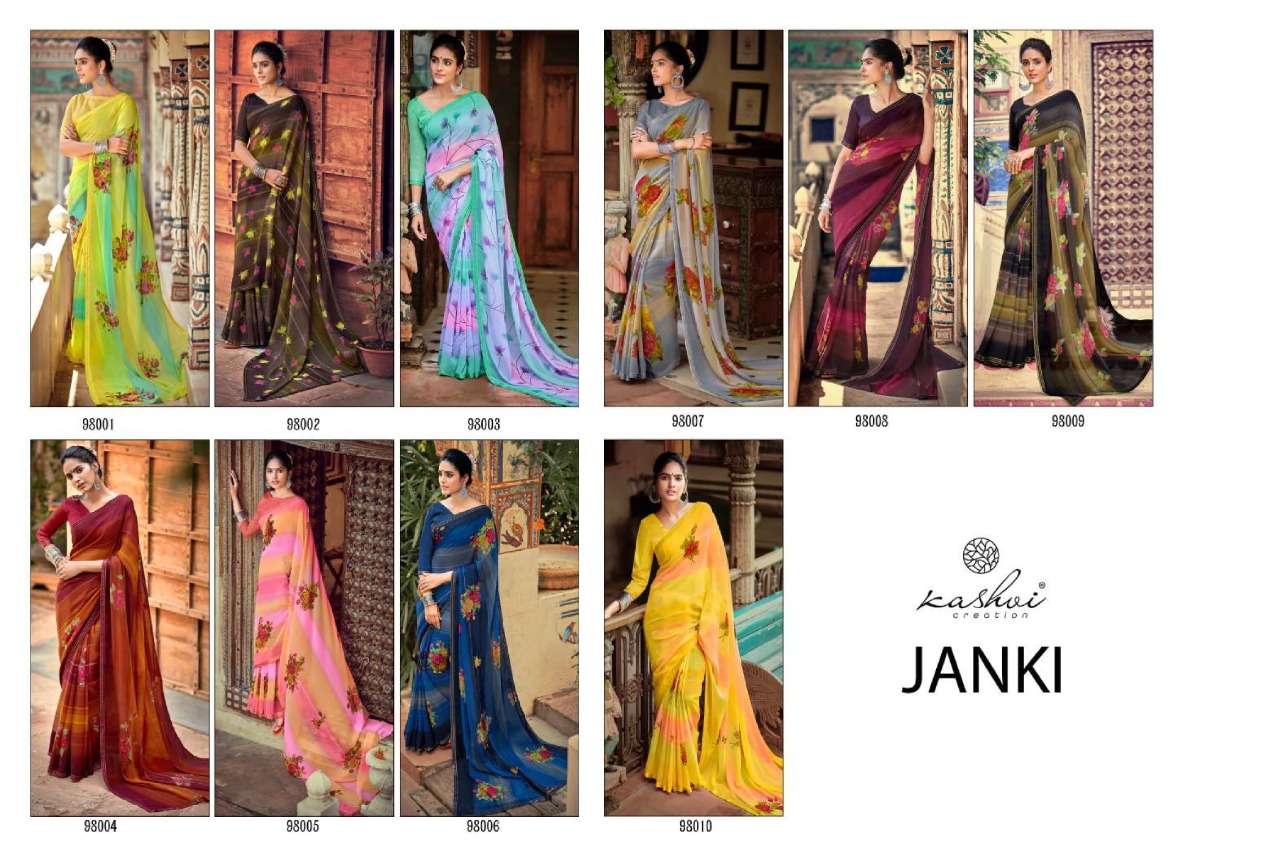 JANKI BY KASHVI CREATION 98001 TO 98010 SERIES INDIAN TRADITIONAL WEAR COLLECTION BEAUTIFUL STYLISH FANCY COLORFUL PARTY WEAR & OCCASIONAL WEAR CHIFFON SAREES AT WHOLESALE PRICE