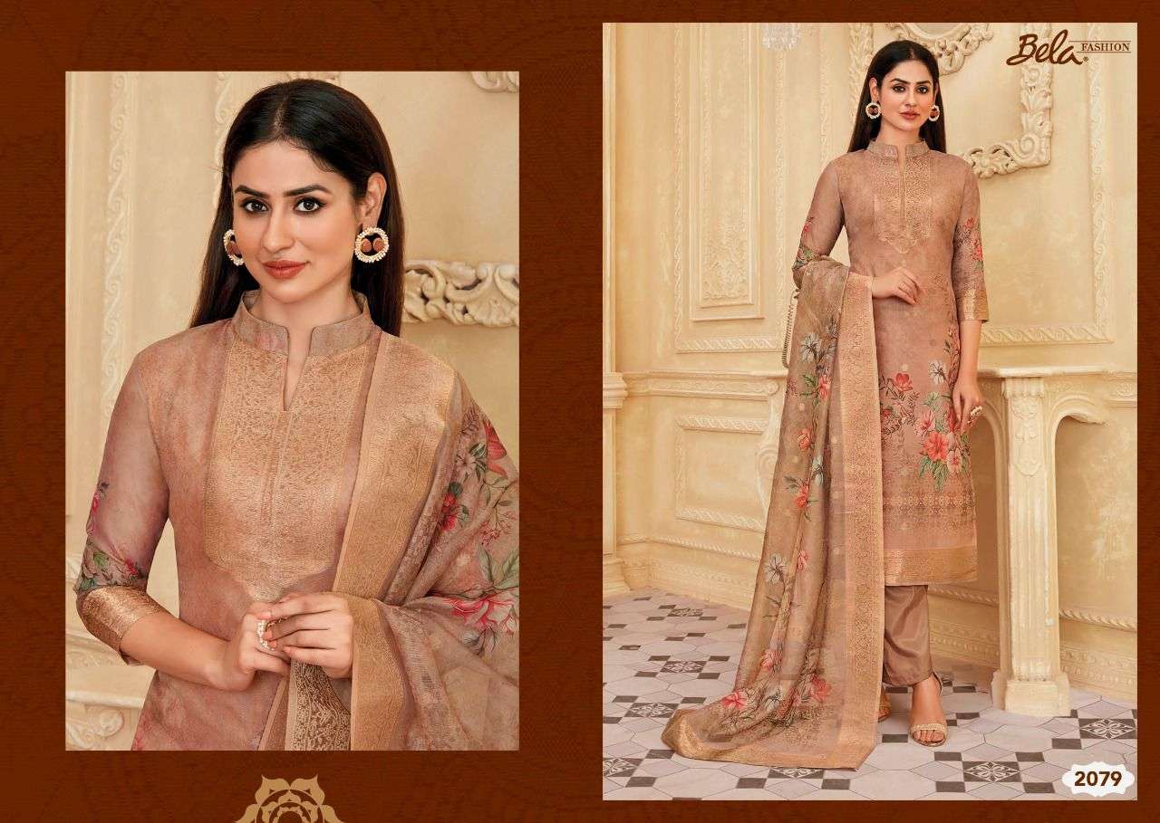 RAINA BY BELA FASHION 2079 TO 2086 SERIES BEAUTIFUL SUITS COLORFUL STYLISH FANCY CASUAL WEAR & ETHNIC WEAR ORGANZA JACQUARD PRINT DRESSES AT WHOLESALE PRICE