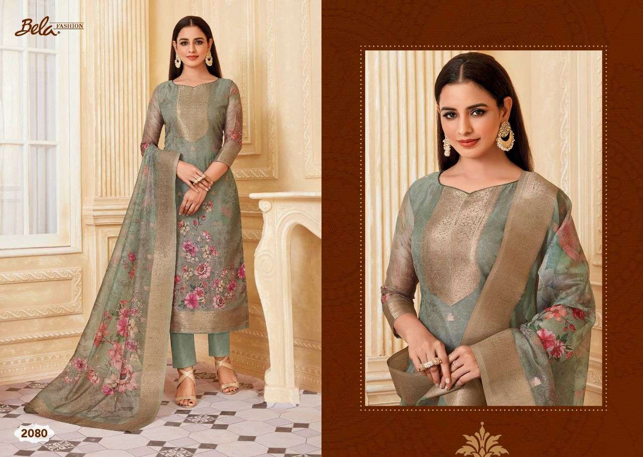 RAINA BY BELA FASHION 2079 TO 2086 SERIES BEAUTIFUL SUITS COLORFUL STYLISH FANCY CASUAL WEAR & ETHNIC WEAR ORGANZA JACQUARD PRINT DRESSES AT WHOLESALE PRICE