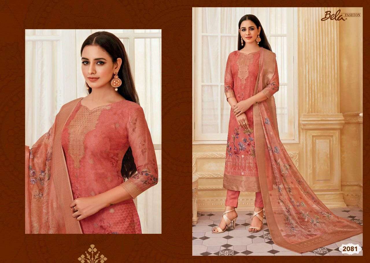 RAINA BY BELA FASHION 2079 TO 2086 SERIES BEAUTIFUL SUITS COLORFUL STYLISH FANCY CASUAL WEAR & ETHNIC WEAR ORGANZA JACQUARD PRINT DRESSES AT WHOLESALE PRICE