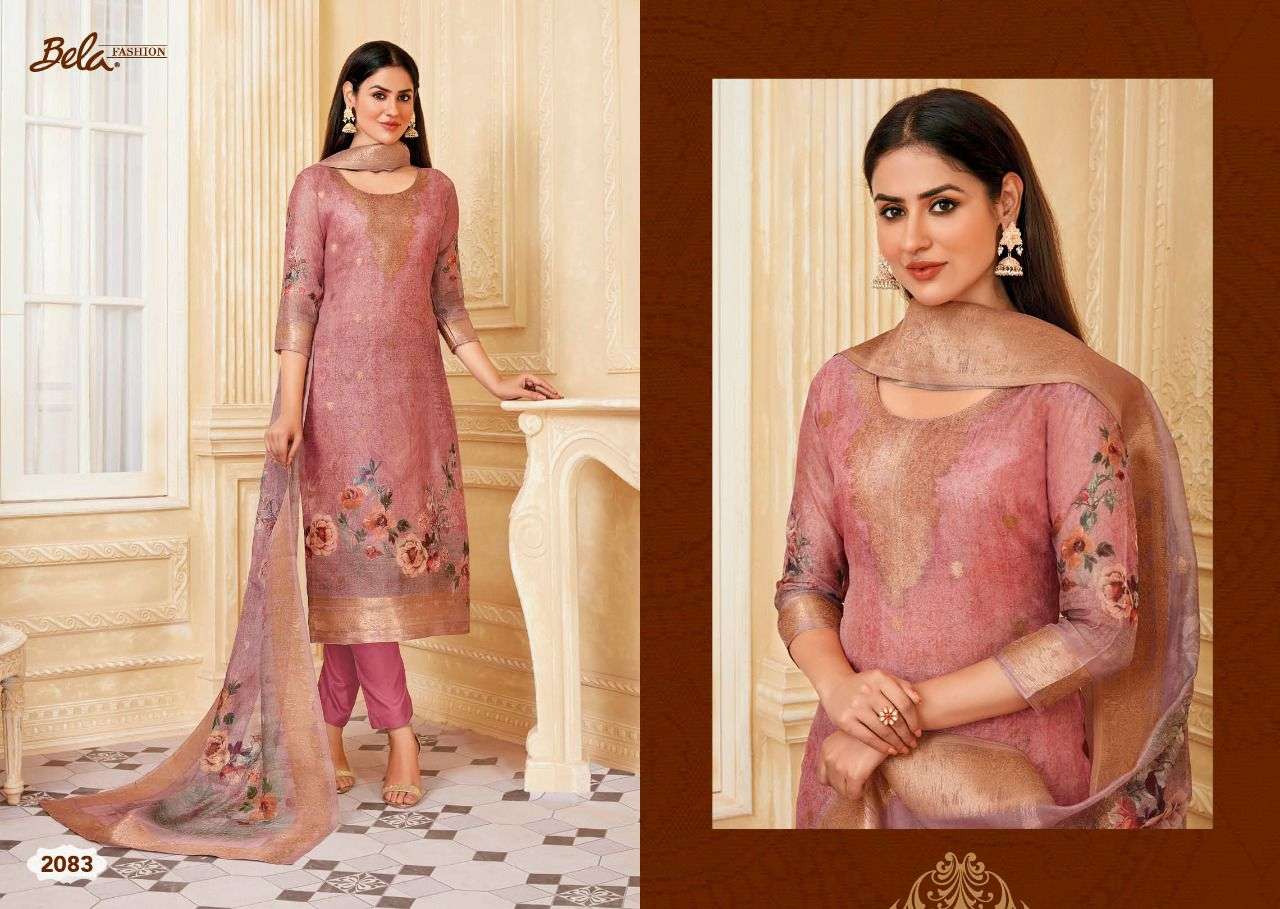 RAINA BY BELA FASHION 2079 TO 2086 SERIES BEAUTIFUL SUITS COLORFUL STYLISH FANCY CASUAL WEAR & ETHNIC WEAR ORGANZA JACQUARD PRINT DRESSES AT WHOLESALE PRICE