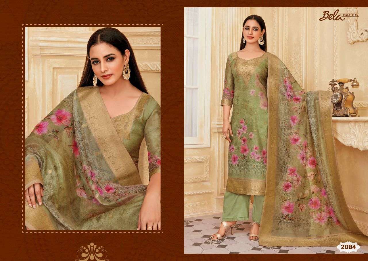RAINA BY BELA FASHION 2079 TO 2086 SERIES BEAUTIFUL SUITS COLORFUL STYLISH FANCY CASUAL WEAR & ETHNIC WEAR ORGANZA JACQUARD PRINT DRESSES AT WHOLESALE PRICE