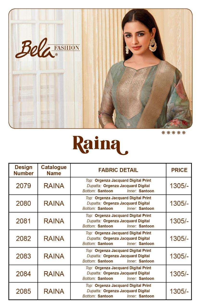 RAINA BY BELA FASHION 2079 TO 2086 SERIES BEAUTIFUL SUITS COLORFUL STYLISH FANCY CASUAL WEAR & ETHNIC WEAR ORGANZA JACQUARD PRINT DRESSES AT WHOLESALE PRICE