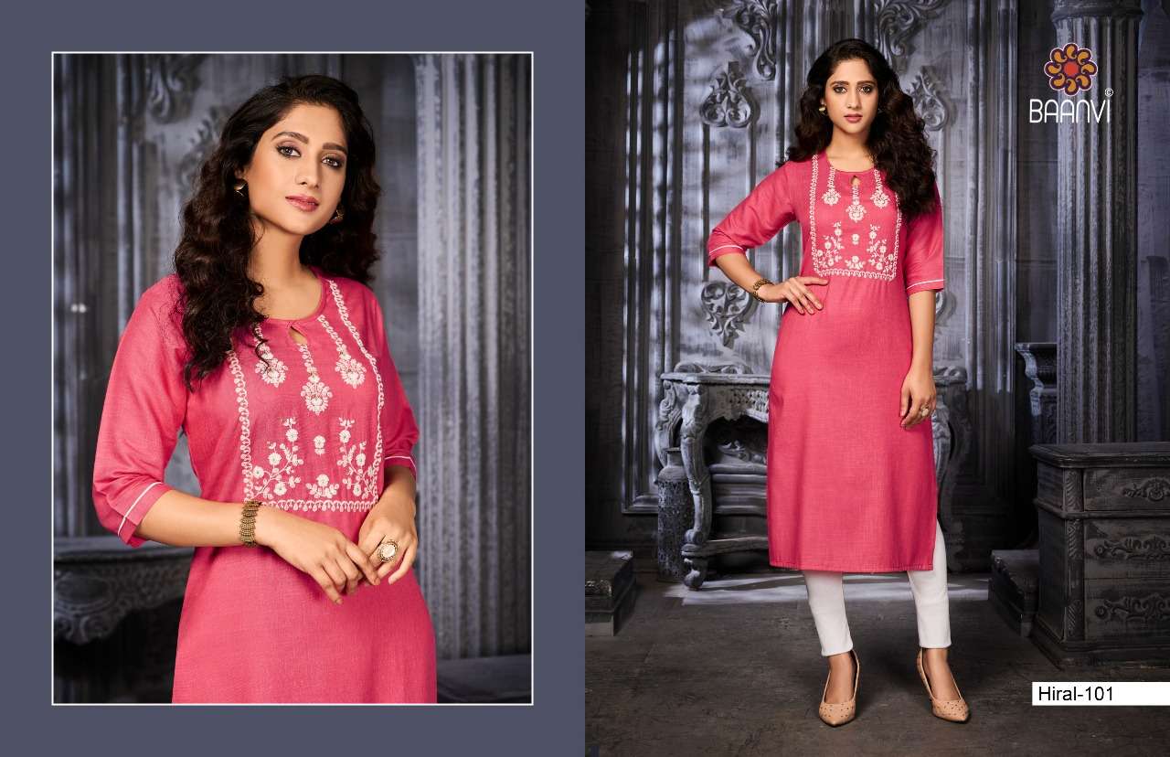 HIRAL BY BAANVI 101 TO 104 SERIES DESIGNER STYLISH FANCY COLORFUL BEAUTIFUL PARTY WEAR & ETHNIC WEAR COLLECTION NAMO SLUB EMBROIDERY KURTIS AT WHOLESALE PRICE