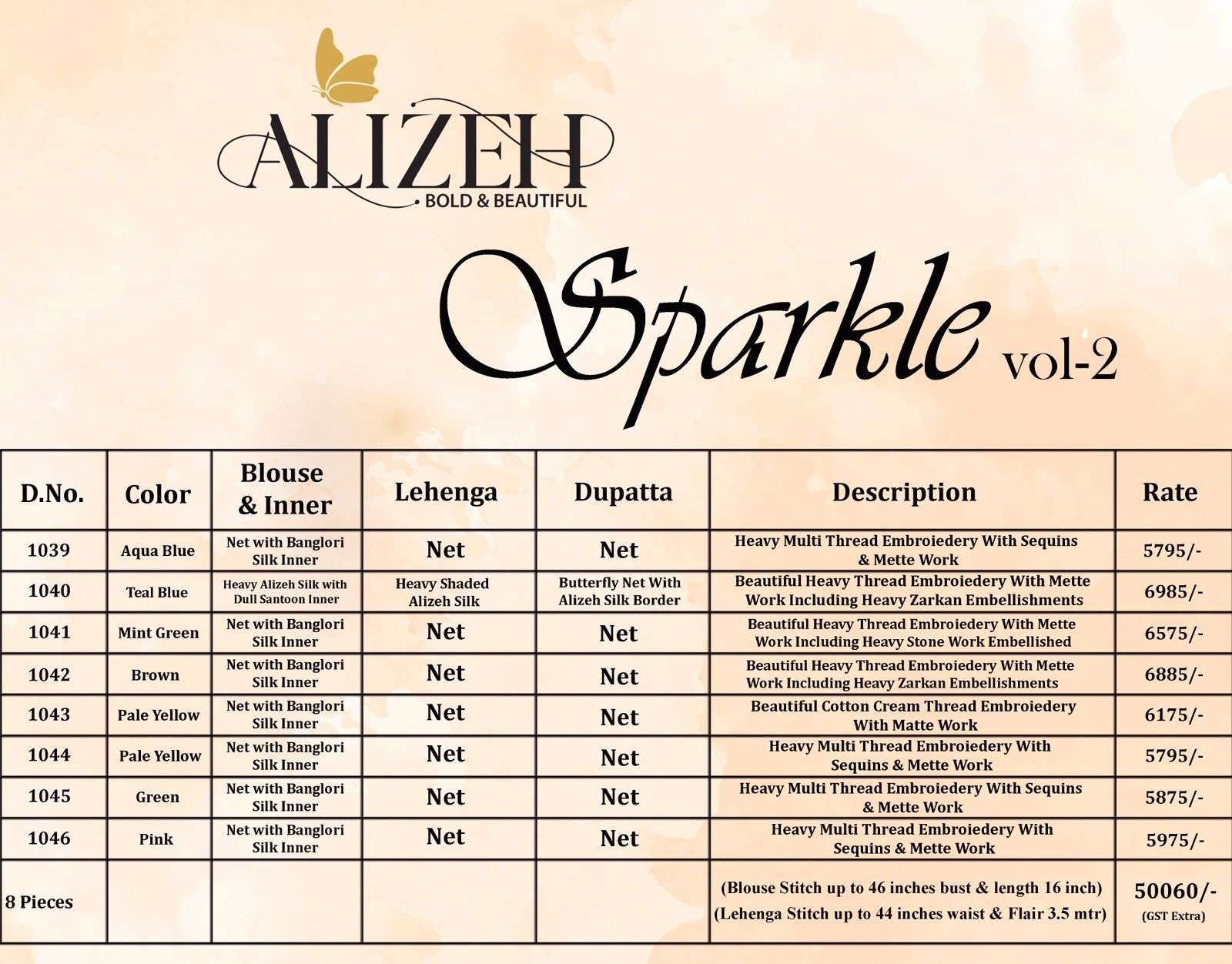 SPARKLE VOL-2 BY ALIZEH 1039 TO 1046 SERIES DESIGNER BEAUTIFUL NAVRATRI COLLECTION OCCASIONAL WEAR & PARTY WEAR NET/SILK LEHENGAS AT WHOLESALE PRICE