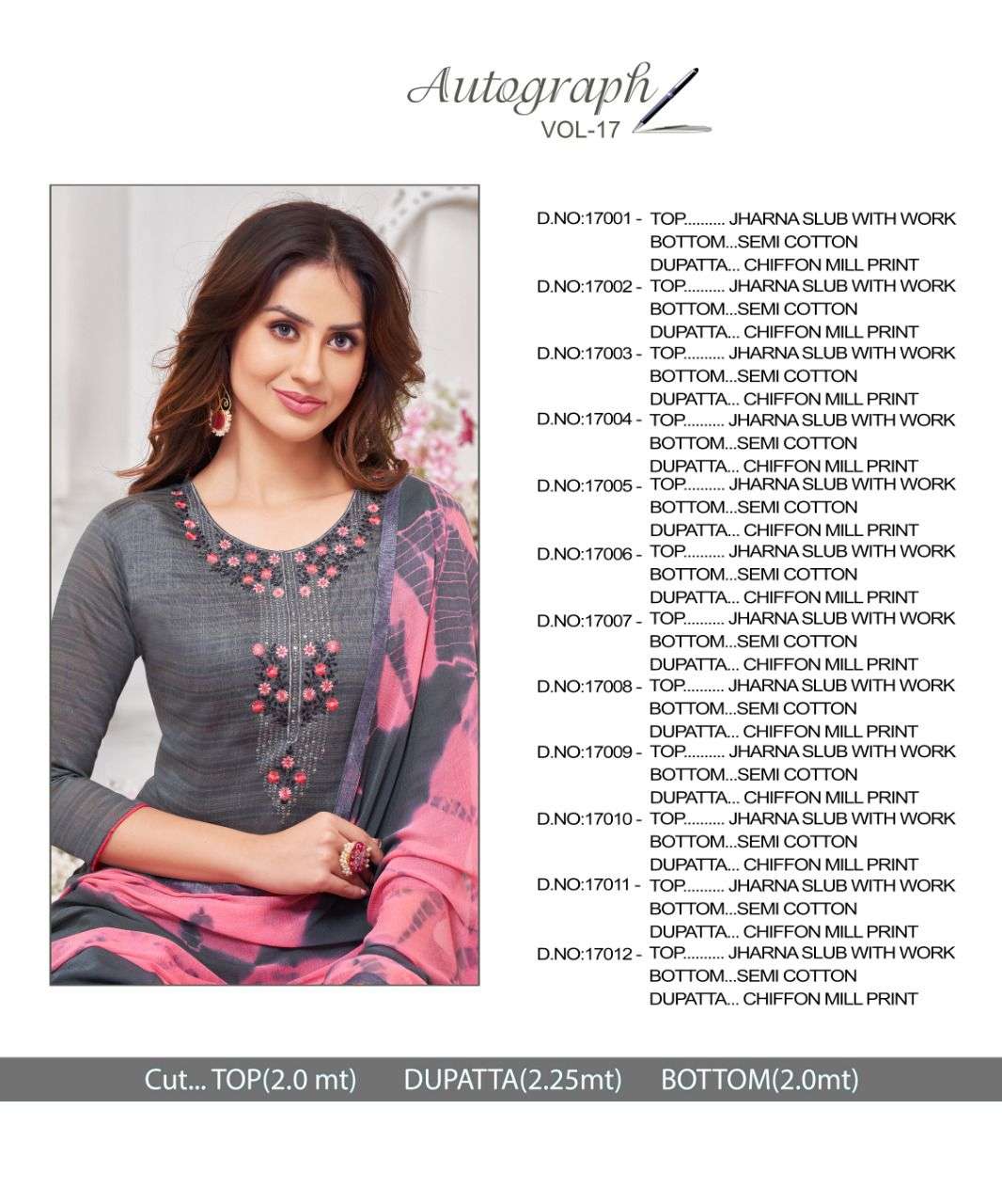 AUTOGRAPH VOL-17 BY SHAGUN LIFESTYLE 17001 TO 17012 SERIES BEAUTIFUL STYLISH SHARARA SUITS FANCY COLORFUL CASUAL WEAR & ETHNIC WEAR & READY TO WEAR SLUB WITH WORK DRESSES AT WHOLESALE PRICE
