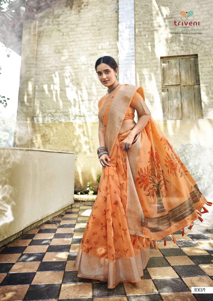 RAJKUMARI VOL-2 BY TRIVENI 30021 TO 30028 SERIES INDIAN TRADITIONAL WEAR COLLECTION BEAUTIFUL STYLISH FANCY COLORFUL PARTY WEAR & OCCASIONAL WEAR COTTON LINEN PRINT SAREES AT WHOLESALE PRICE