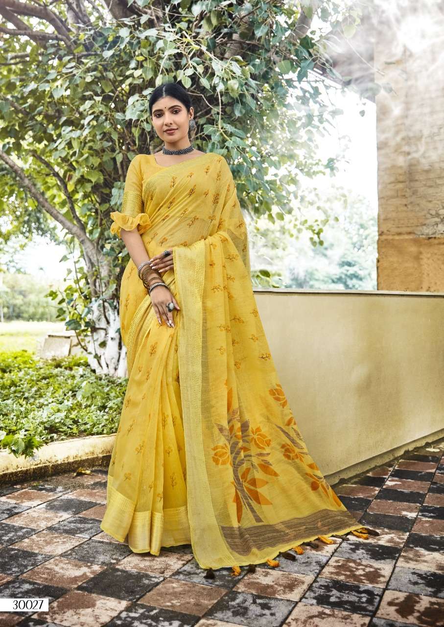 RAJKUMARI VOL-2 BY TRIVENI 30021 TO 30028 SERIES INDIAN TRADITIONAL WEAR COLLECTION BEAUTIFUL STYLISH FANCY COLORFUL PARTY WEAR & OCCASIONAL WEAR COTTON LINEN PRINT SAREES AT WHOLESALE PRICE