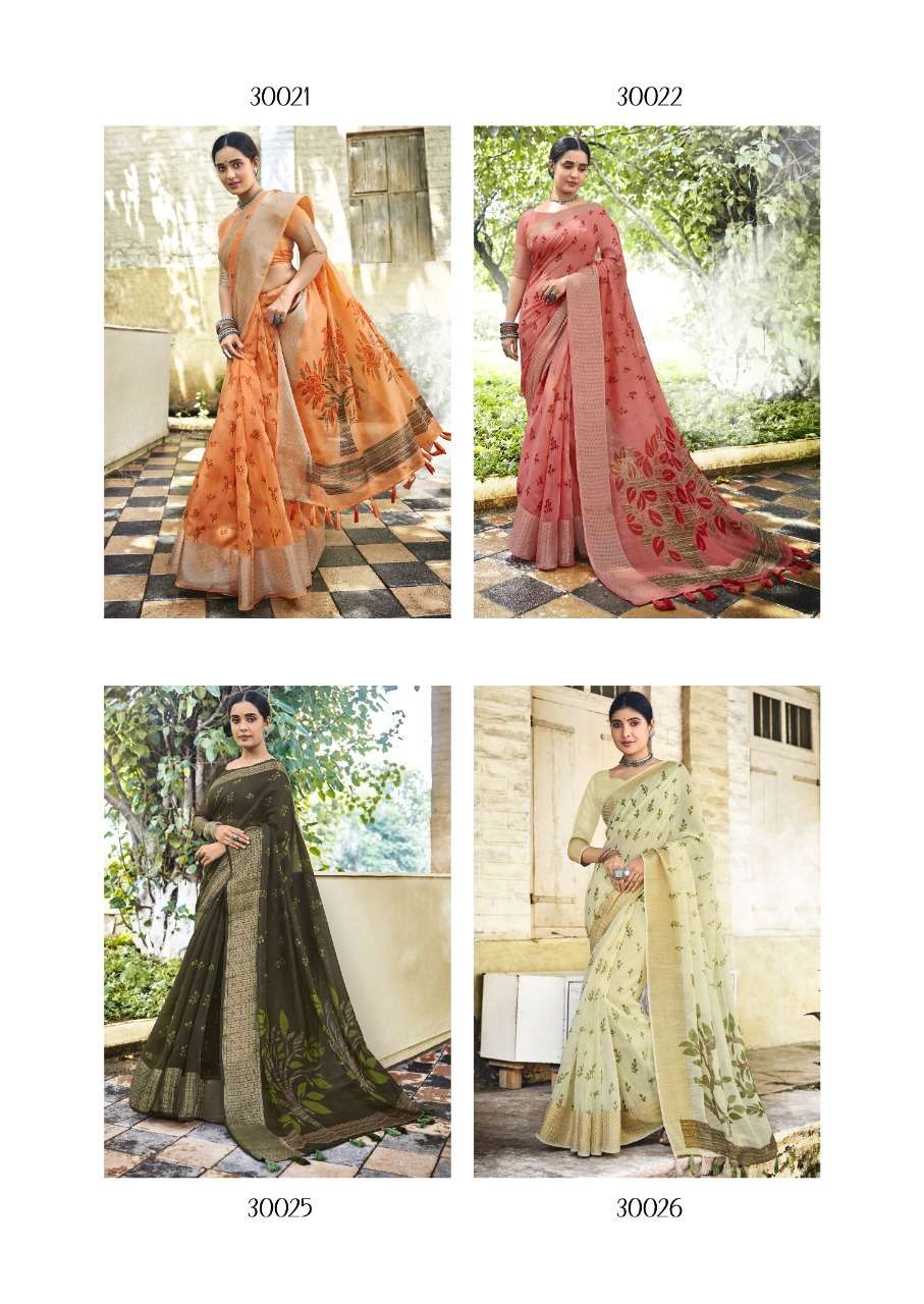 RAJKUMARI VOL-2 BY TRIVENI 30021 TO 30028 SERIES INDIAN TRADITIONAL WEAR COLLECTION BEAUTIFUL STYLISH FANCY COLORFUL PARTY WEAR & OCCASIONAL WEAR COTTON LINEN PRINT SAREES AT WHOLESALE PRICE