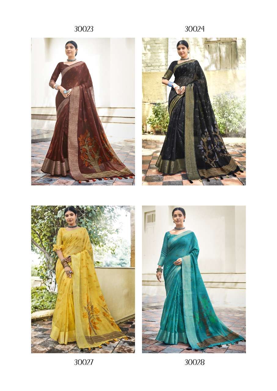 RAJKUMARI VOL-2 BY TRIVENI 30021 TO 30028 SERIES INDIAN TRADITIONAL WEAR COLLECTION BEAUTIFUL STYLISH FANCY COLORFUL PARTY WEAR & OCCASIONAL WEAR COTTON LINEN PRINT SAREES AT WHOLESALE PRICE