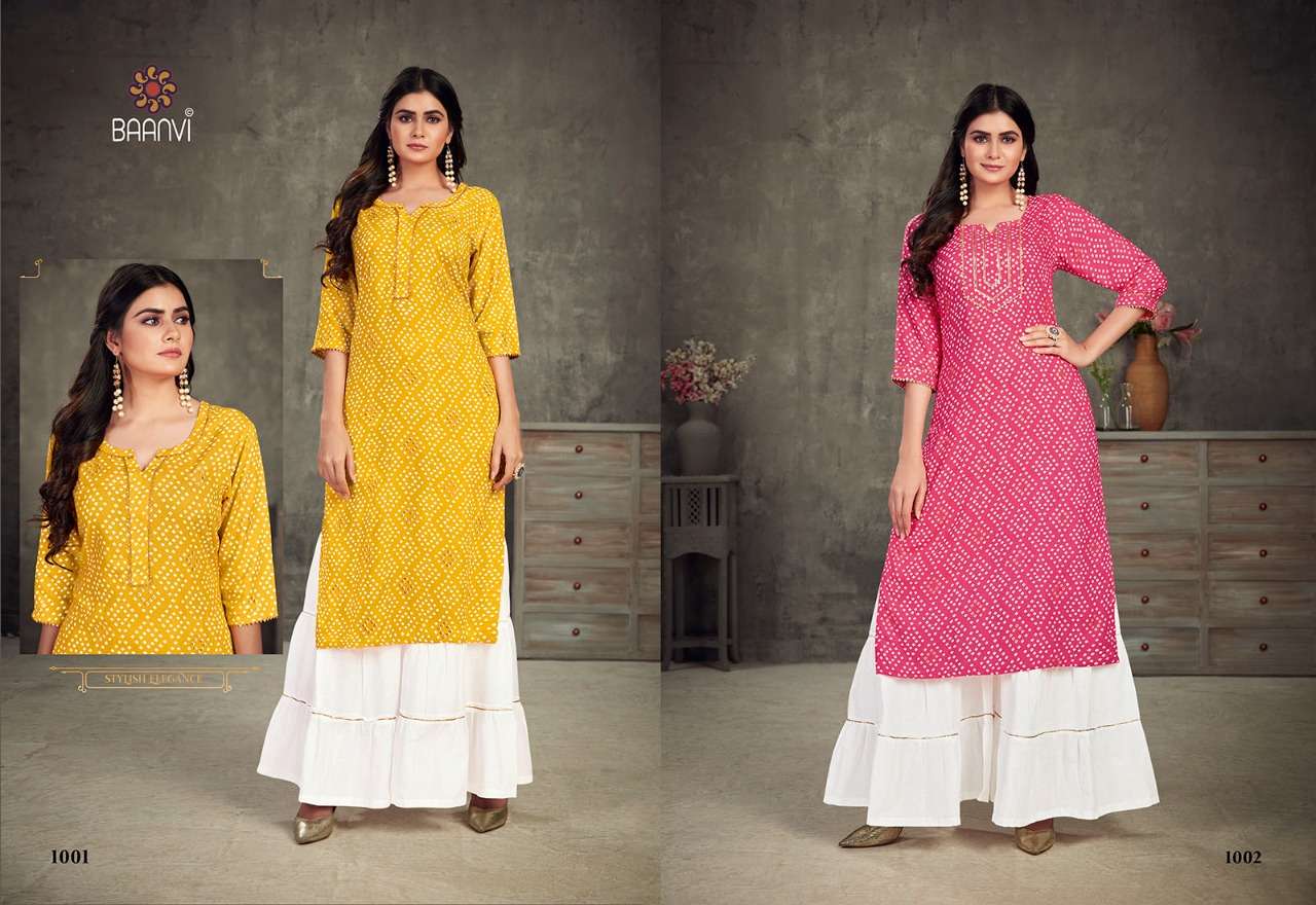BANDHANI VOL-1 BY BAANVI 1001 TO 1004 SERIES DESIGNER STYLISH FANCY COLORFUL BEAUTIFUL PARTY WEAR & ETHNIC WEAR COLLECTION RAYON SLUB WITH WORK KURTIS WITH BOTTOM AT WHOLESALE PRICE