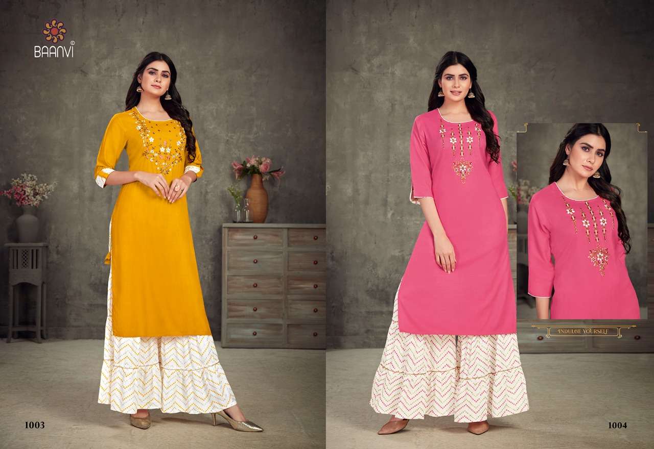 BANDHANI VOL-1 BY BAANVI 1001 TO 1004 SERIES DESIGNER STYLISH FANCY COLORFUL BEAUTIFUL PARTY WEAR & ETHNIC WEAR COLLECTION RAYON SLUB WITH WORK KURTIS WITH BOTTOM AT WHOLESALE PRICE