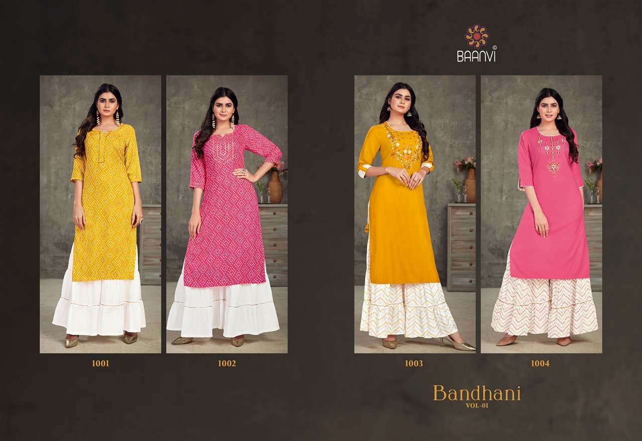 BANDHANI VOL-1 BY BAANVI 1001 TO 1004 SERIES DESIGNER STYLISH FANCY COLORFUL BEAUTIFUL PARTY WEAR & ETHNIC WEAR COLLECTION RAYON SLUB WITH WORK KURTIS WITH BOTTOM AT WHOLESALE PRICE
