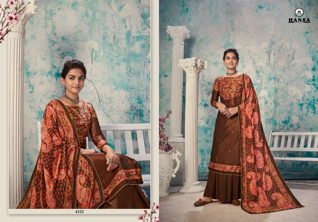 TRISHHA BY HANSA PRINT 4101 TO TO 4106 SERIES DESIGNER SUITS COLLECTION BEAUTIFUL STYLISH FANCY COLORFUL PARTY WEAR & ETHNIC WEAR VELVET DIGITAL PRINT DRESSES AT WHOLESALE PRICE