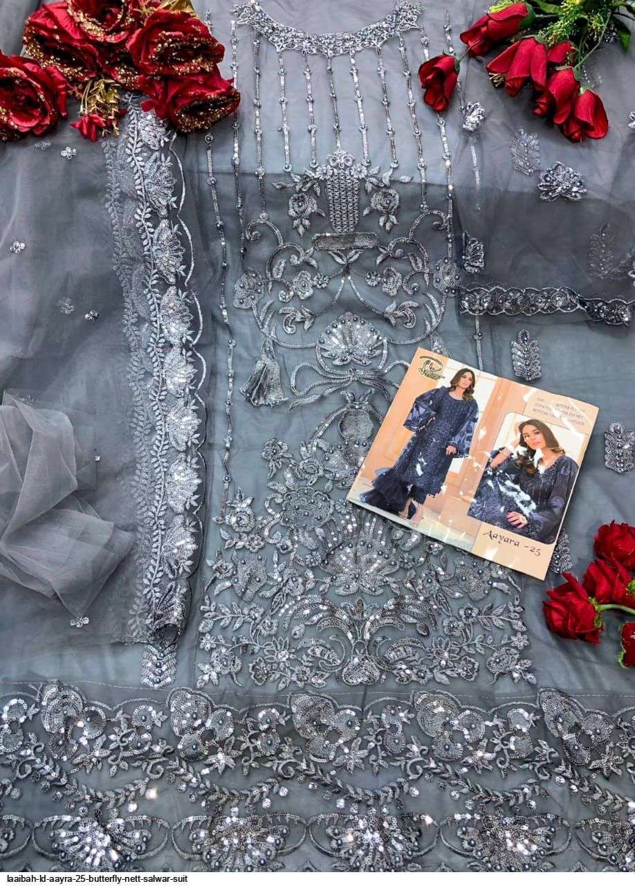 AAYRA 25 COLOURS BY LAAIBAH DESIGNER 25-A TO 25-D SERIES BEAUTIFUL STYLISH PAKISATNI SUITS FANCY COLORFUL CASUAL WEAR & ETHNIC WEAR & READY TO WEAR HEAVY BUTTERFLY NET WITH EMBROIDERY DRESSES AT WHOLESALE PRICE