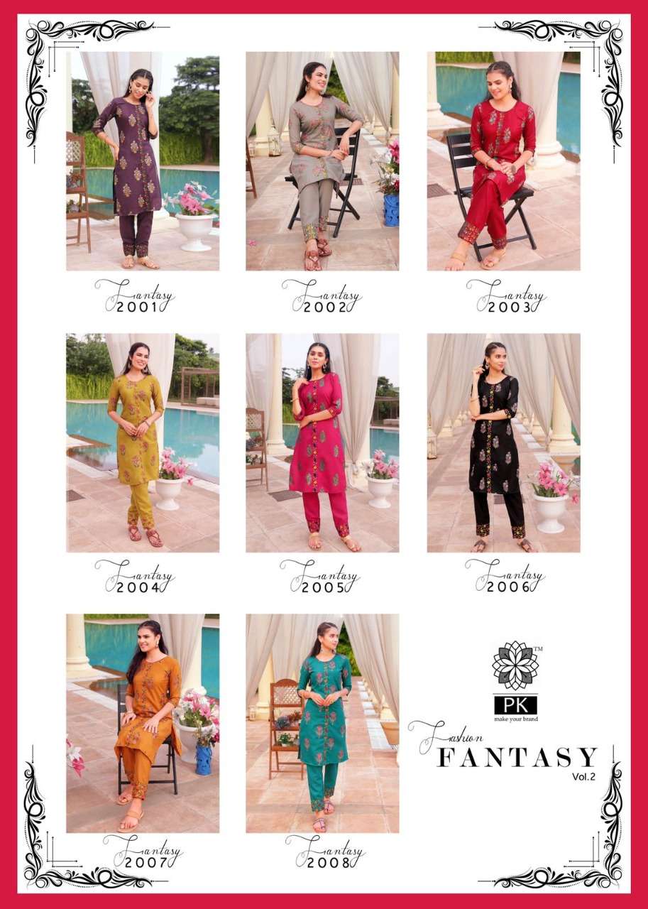 FASHION FANTASY VOL-2 BY PK 2001 TO 2008 SERIES BEAUTIFUL STYLISH FANCY COLORFUL CASUAL WEAR & ETHNIC WEAR HEAVY COTTON PRINT WITH WORK KURTIS WITH BOTTOM AT WHOLESALE PRICE
