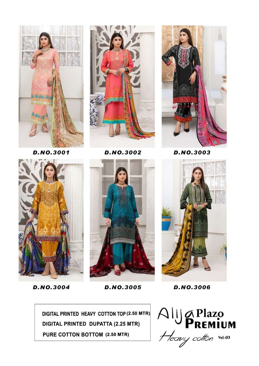ALIJA PLAZO PREMIUM VOL-3 BY KEVAL FAB 3001 TO 3006 SERIES BEAUTIFUL SUITS COLORFUL STYLISH FANCY CASUAL WEAR & ETHNIC WEAR HEAVY COTTON PRINT DRESSES AT WHOLESALE PRICE