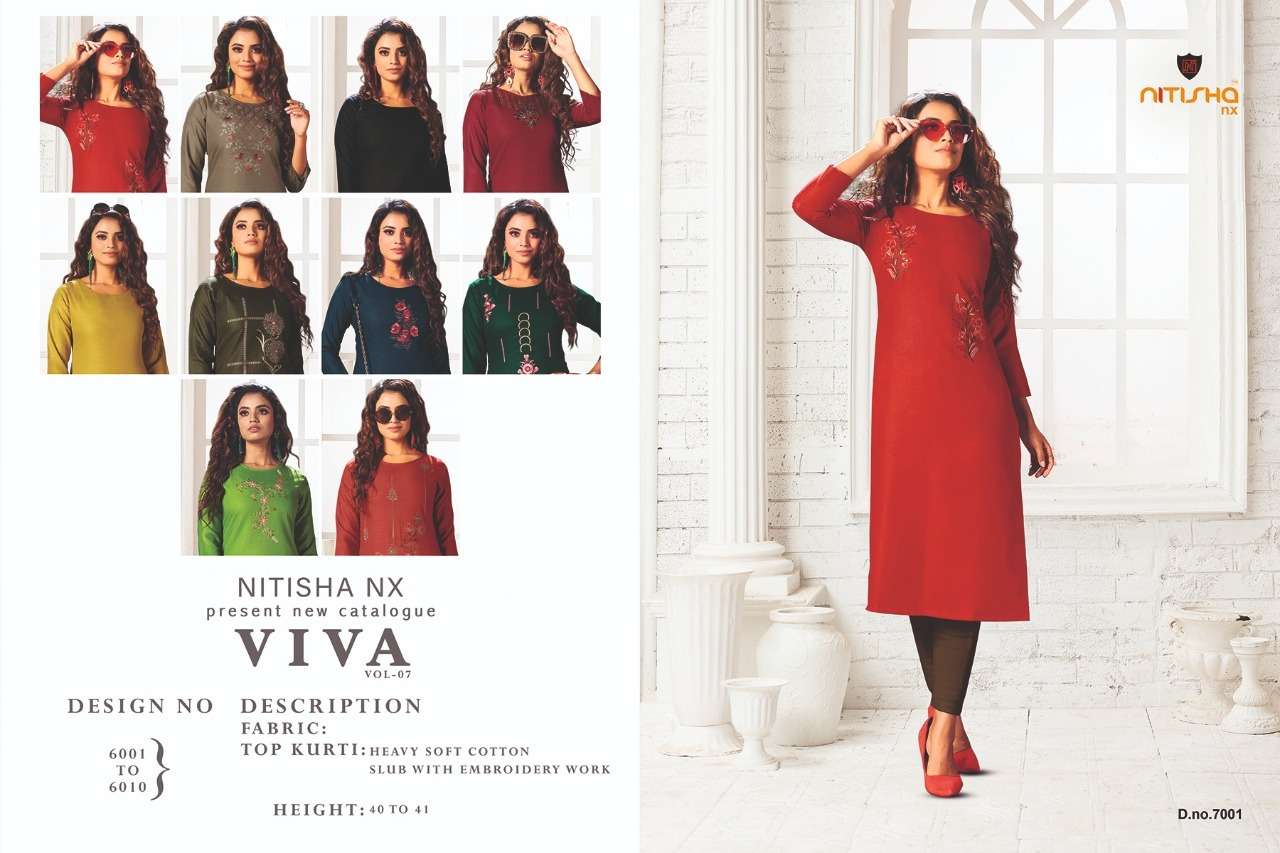 VIVA VOL-7 BY NITISHA NX 7001 TO 7010 SERIES DESIGNER STYLISH FANCY COLORFUL BEAUTIFUL PARTY WEAR & ETHNIC WEAR COLLECTION HEAVY SOFT COTTON EMBROIDERY KURTIS AT WHOLESALE PRICE