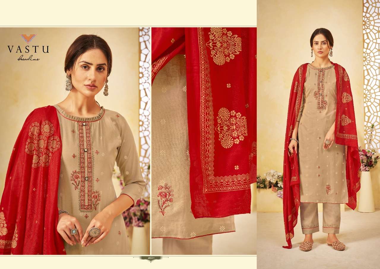 NETRA VOL-4 BY VASTU TEX 401 TO 408 SERIES BEAUTIFUL STYLISH SUITS FANCY COLORFUL CASUAL WEAR & ETHNIC WEAR & READY TO WEAR LAWN COTTON PRINT WITH WORK DRESSES AT WHOLESALE PRICE