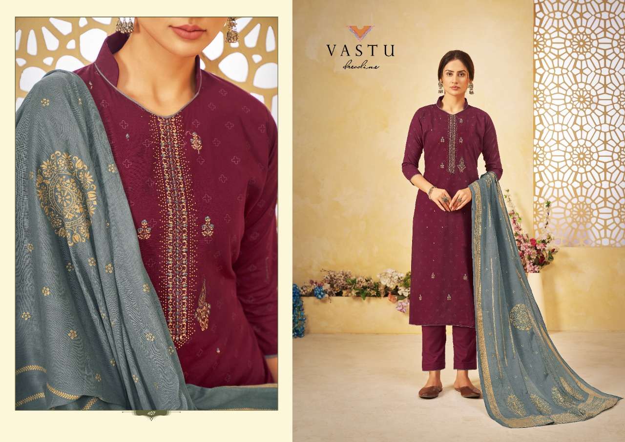 NETRA VOL-4 BY VASTU TEX 401 TO 408 SERIES BEAUTIFUL STYLISH SUITS FANCY COLORFUL CASUAL WEAR & ETHNIC WEAR & READY TO WEAR LAWN COTTON PRINT WITH WORK DRESSES AT WHOLESALE PRICE