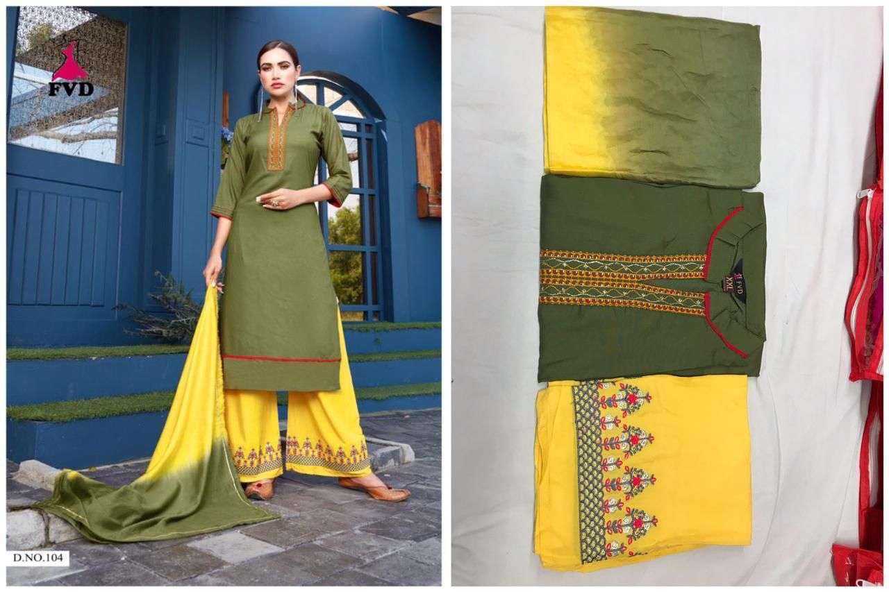 TANO HARI VOL-1 NX BY FVD BEAUTIFUL PATIYALA SUITS COLORFUL STYLISH FANCY CASUAL WEAR & ETHNIC WEAR RAYON EMBROIDERED DRESSES AT WHOLESALE PRICE