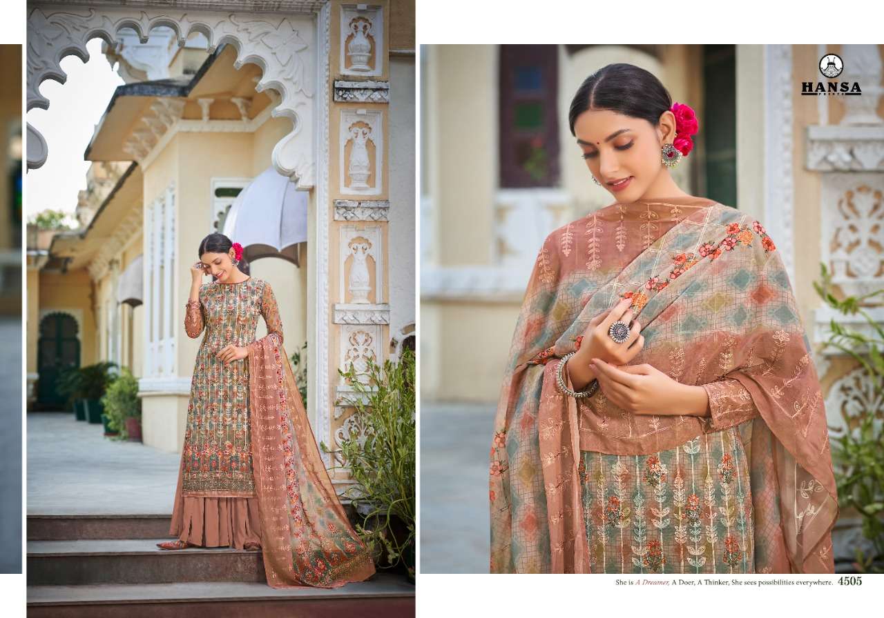 HUSNA ARA VIAANA BY HANSA PRINTS 4501 TO 4506 SERIES BEAUTIFUL STYLISH PAKISATNI SUITS FANCY COLORFUL CASUAL WEAR & ETHNIC WEAR & READY TO WEAR GEORGETTE DIGITAL PRINT WITH ARI WORK DRESSES AT WHOLESALE PRICE