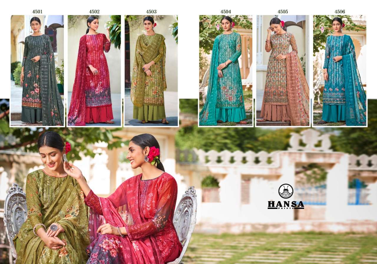 HUSNA ARA VIAANA BY HANSA PRINTS 4501 TO 4506 SERIES BEAUTIFUL STYLISH PAKISATNI SUITS FANCY COLORFUL CASUAL WEAR & ETHNIC WEAR & READY TO WEAR GEORGETTE DIGITAL PRINT WITH ARI WORK DRESSES AT WHOLESALE PRICE