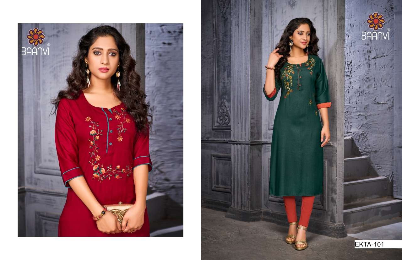 EKTA BY BAANVI 101 TO 104 SERIES DESIGNER STYLISH FANCY COLORFUL BEAUTIFUL PARTY WEAR & ETHNIC WEAR COLLECTION NAMO SLUB EMBROIDERY KURTIS AT WHOLESALE PRICE