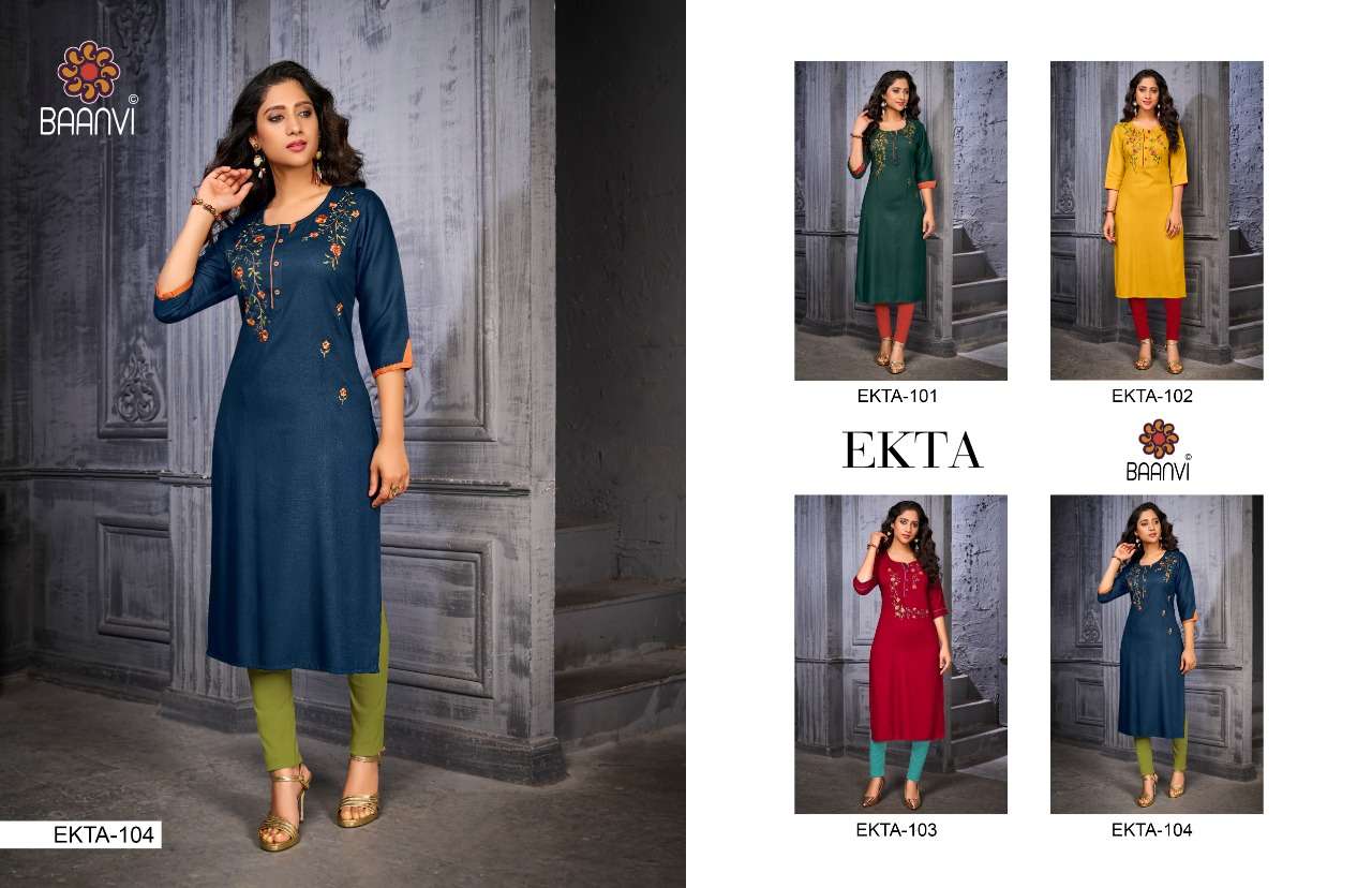 EKTA BY BAANVI 101 TO 104 SERIES DESIGNER STYLISH FANCY COLORFUL BEAUTIFUL PARTY WEAR & ETHNIC WEAR COLLECTION NAMO SLUB EMBROIDERY KURTIS AT WHOLESALE PRICE