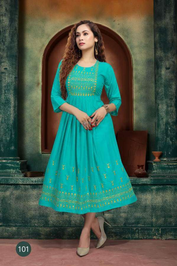 ZARINA BY RAZZO EXPORTS 101 TO 108 SERIES DESIGNER STYLISH FANCY COLORFUL BEAUTIFUL PARTY WEAR & ETHNIC WEAR COLLECTION RAYON EMBROIDERY KURTIS AT WHOLESALE PRICE