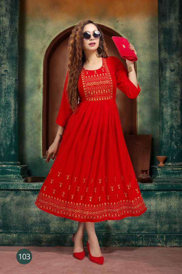 ZARINA BY RAZZO EXPORTS 101 TO 108 SERIES DESIGNER STYLISH FANCY COLORFUL BEAUTIFUL PARTY WEAR & ETHNIC WEAR COLLECTION RAYON EMBROIDERY KURTIS AT WHOLESALE PRICE