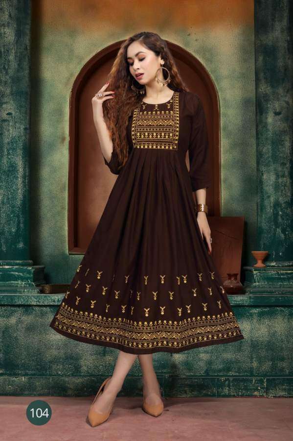ZARINA BY RAZZO EXPORTS 101 TO 108 SERIES DESIGNER STYLISH FANCY COLORFUL BEAUTIFUL PARTY WEAR & ETHNIC WEAR COLLECTION RAYON EMBROIDERY KURTIS AT WHOLESALE PRICE