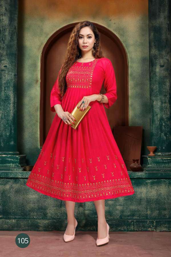ZARINA BY RAZZO EXPORTS 101 TO 108 SERIES DESIGNER STYLISH FANCY COLORFUL BEAUTIFUL PARTY WEAR & ETHNIC WEAR COLLECTION RAYON EMBROIDERY KURTIS AT WHOLESALE PRICE