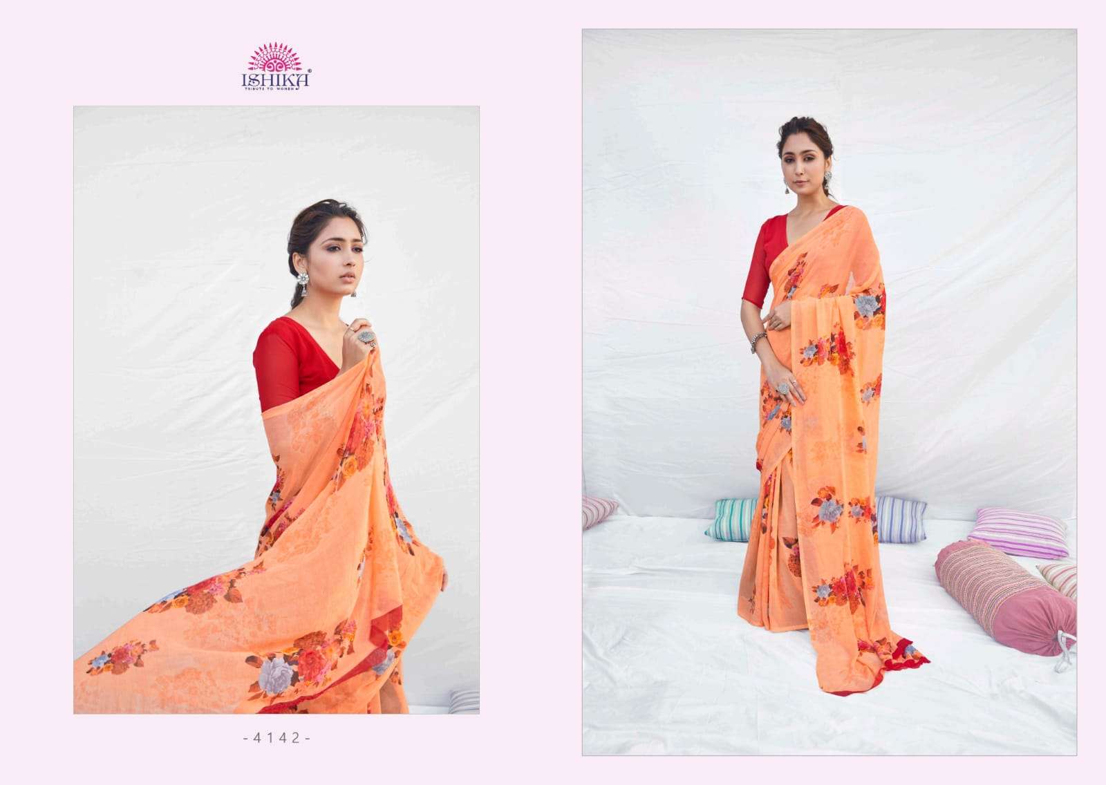 NETHRA BY ISHIKA FASHION 4141 TO 4148 SERIES INDIAN TRADITIONAL WEAR COLLECTION BEAUTIFUL STYLISH FANCY COLORFUL PARTY WEAR & OCCASIONAL WEAR WEIGHTLESS PRINT SAREES AT WHOLESALE PRICE