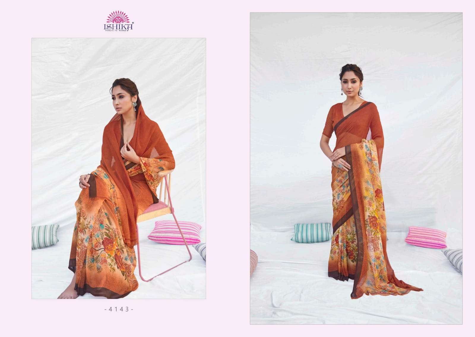 NETHRA BY ISHIKA FASHION 4141 TO 4148 SERIES INDIAN TRADITIONAL WEAR COLLECTION BEAUTIFUL STYLISH FANCY COLORFUL PARTY WEAR & OCCASIONAL WEAR WEIGHTLESS PRINT SAREES AT WHOLESALE PRICE