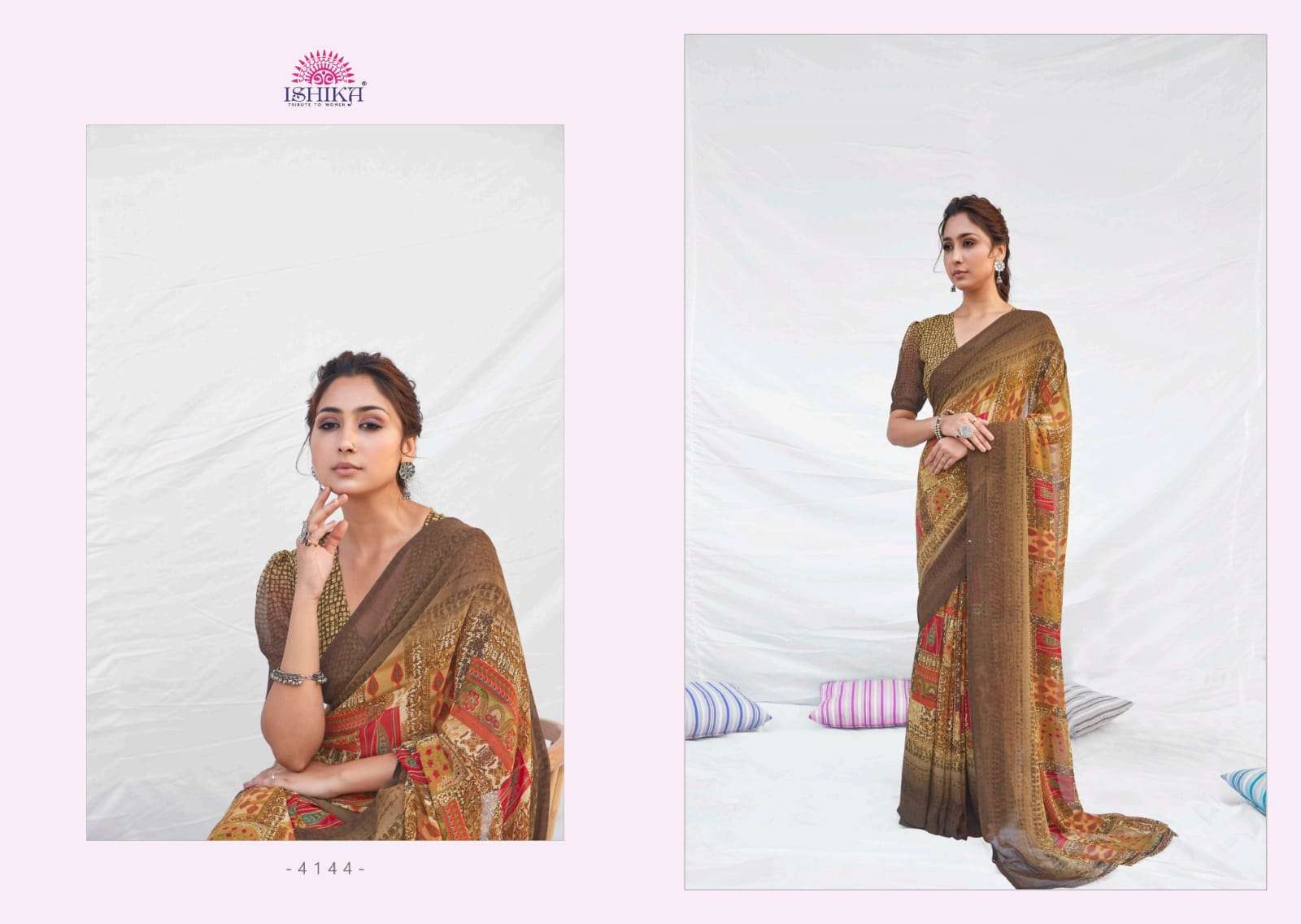 NETHRA BY ISHIKA FASHION 4141 TO 4148 SERIES INDIAN TRADITIONAL WEAR COLLECTION BEAUTIFUL STYLISH FANCY COLORFUL PARTY WEAR & OCCASIONAL WEAR WEIGHTLESS PRINT SAREES AT WHOLESALE PRICE