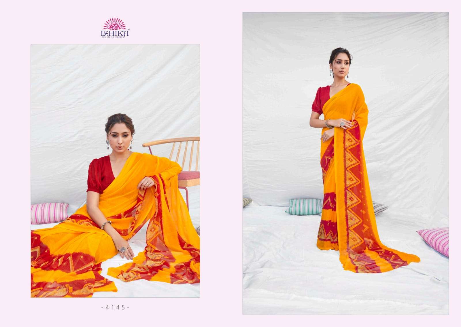 NETHRA BY ISHIKA FASHION 4141 TO 4148 SERIES INDIAN TRADITIONAL WEAR COLLECTION BEAUTIFUL STYLISH FANCY COLORFUL PARTY WEAR & OCCASIONAL WEAR WEIGHTLESS PRINT SAREES AT WHOLESALE PRICE