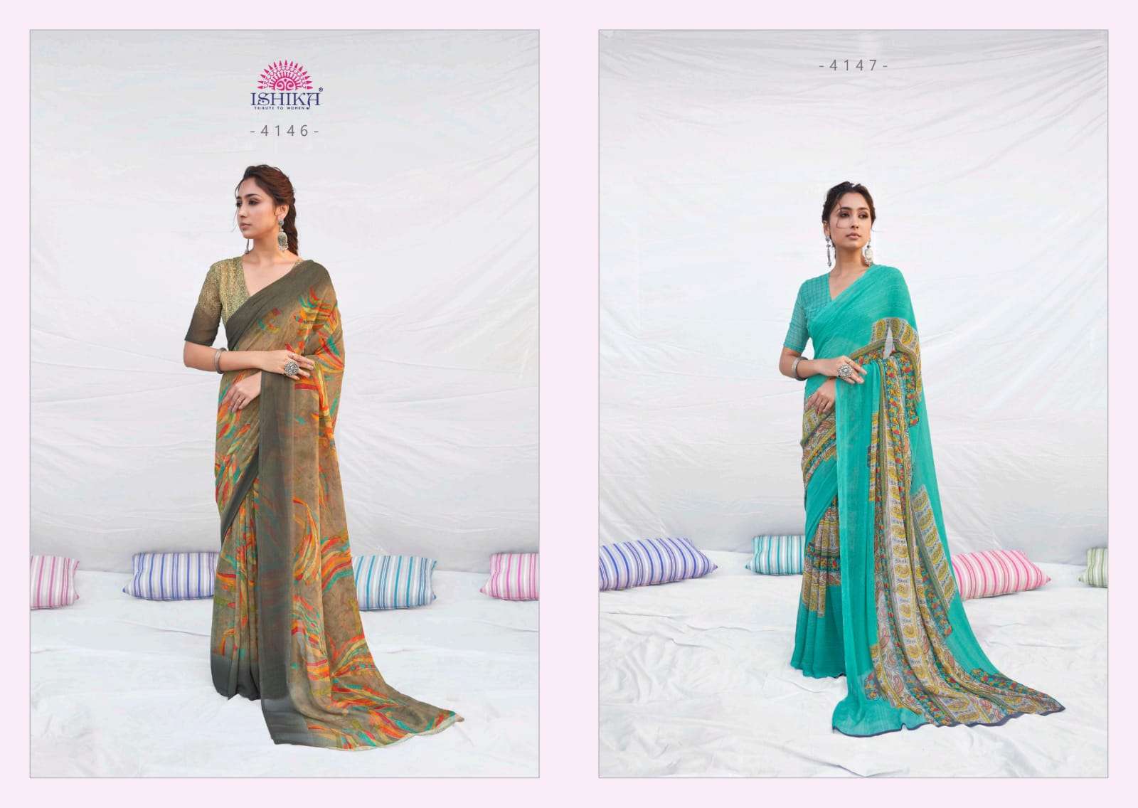 NETHRA BY ISHIKA FASHION 4141 TO 4148 SERIES INDIAN TRADITIONAL WEAR COLLECTION BEAUTIFUL STYLISH FANCY COLORFUL PARTY WEAR & OCCASIONAL WEAR WEIGHTLESS PRINT SAREES AT WHOLESALE PRICE