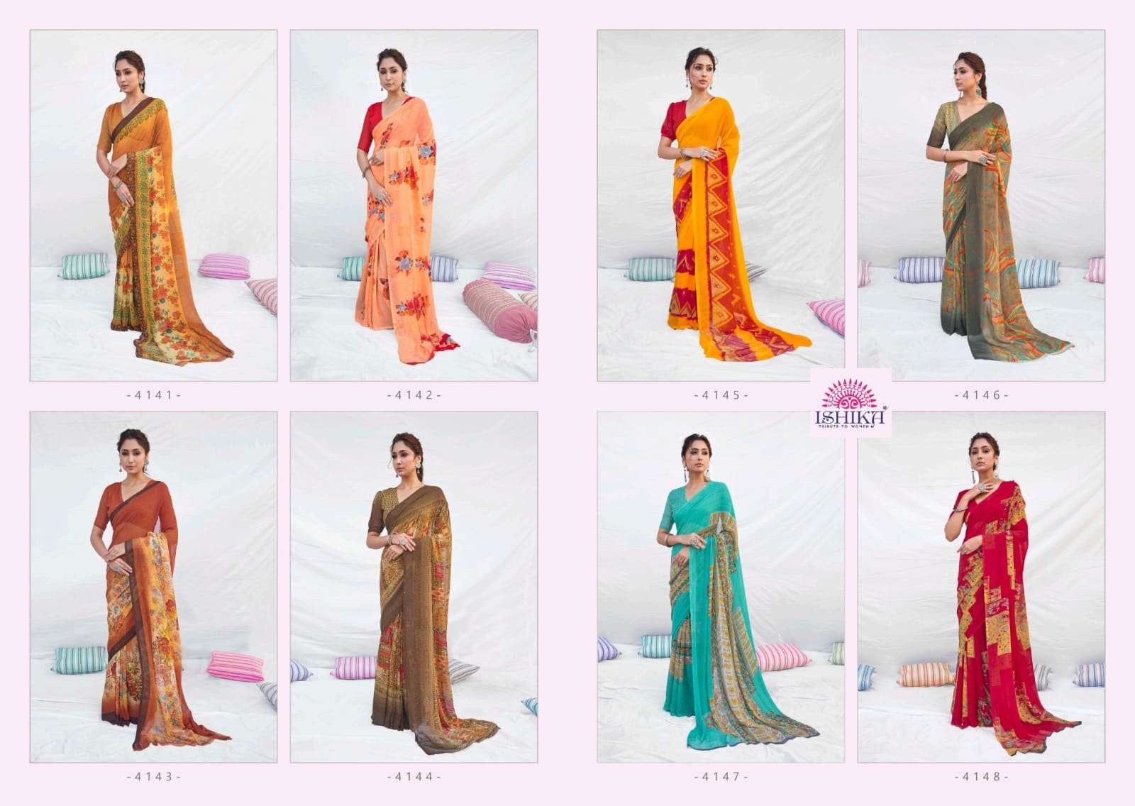 NETHRA BY ISHIKA FASHION 4141 TO 4148 SERIES INDIAN TRADITIONAL WEAR COLLECTION BEAUTIFUL STYLISH FANCY COLORFUL PARTY WEAR & OCCASIONAL WEAR WEIGHTLESS PRINT SAREES AT WHOLESALE PRICE