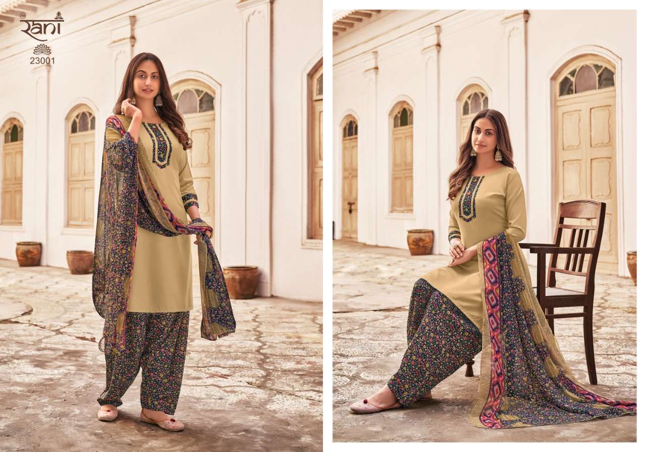 SUNHERI VOL-23 BY RANI FASHION 23001 TO 23016 SERIES BEAUTIFUL STYLISH SUITS FANCY COLORFUL CASUAL WEAR & ETHNIC WEAR & READY TO WEAR HEAVY AMERICAN CREPE PRINTED DRESSES AT WHOLESALE PRICE