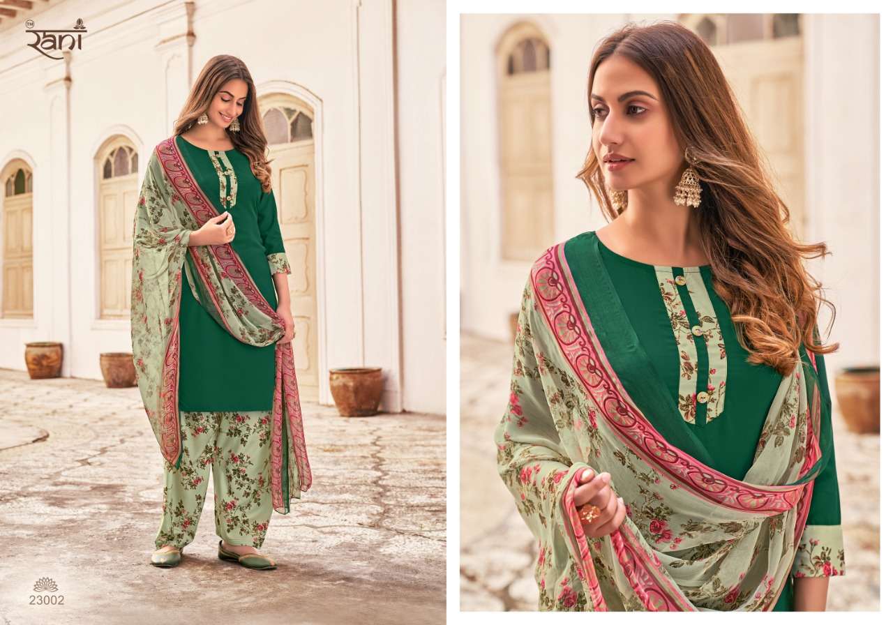 SUNHERI VOL-23 BY RANI FASHION 23001 TO 23016 SERIES BEAUTIFUL STYLISH SUITS FANCY COLORFUL CASUAL WEAR & ETHNIC WEAR & READY TO WEAR HEAVY AMERICAN CREPE PRINTED DRESSES AT WHOLESALE PRICE