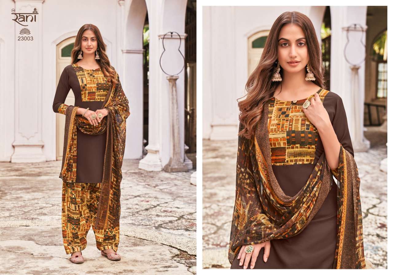 SUNHERI VOL-23 BY RANI FASHION 23001 TO 23016 SERIES BEAUTIFUL STYLISH SUITS FANCY COLORFUL CASUAL WEAR & ETHNIC WEAR & READY TO WEAR HEAVY AMERICAN CREPE PRINTED DRESSES AT WHOLESALE PRICE