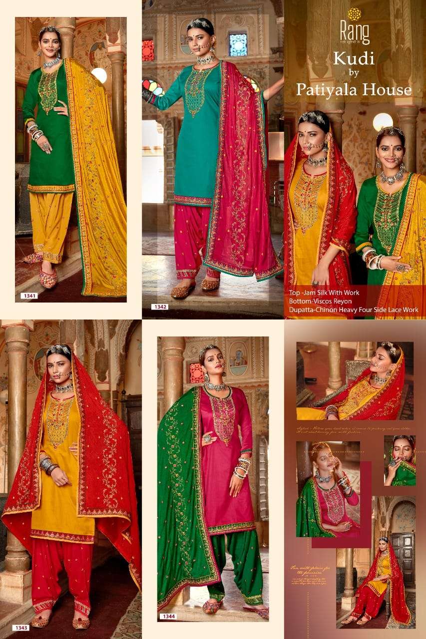 KUDI BY RANG 1341 TO 1344 SERIES BEAUTIFUL PATIYALA SUITS COLORFUL STYLISH FANCY CASUAL WEAR & ETHNIC WEAR JAM SILK WITH WORK DRESSES AT WHOLESALE PRICE