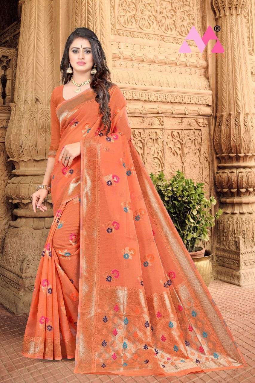 RAJA VOL-2 BY VAIRAGEE 201 TO 206 SERIES INDIAN TRADITIONAL WEAR COLLECTION BEAUTIFUL STYLISH FANCY COLORFUL PARTY WEAR & OCCASIONAL WEAR CHANDERI COTTON SAREES AT WHOLESALE PRICE