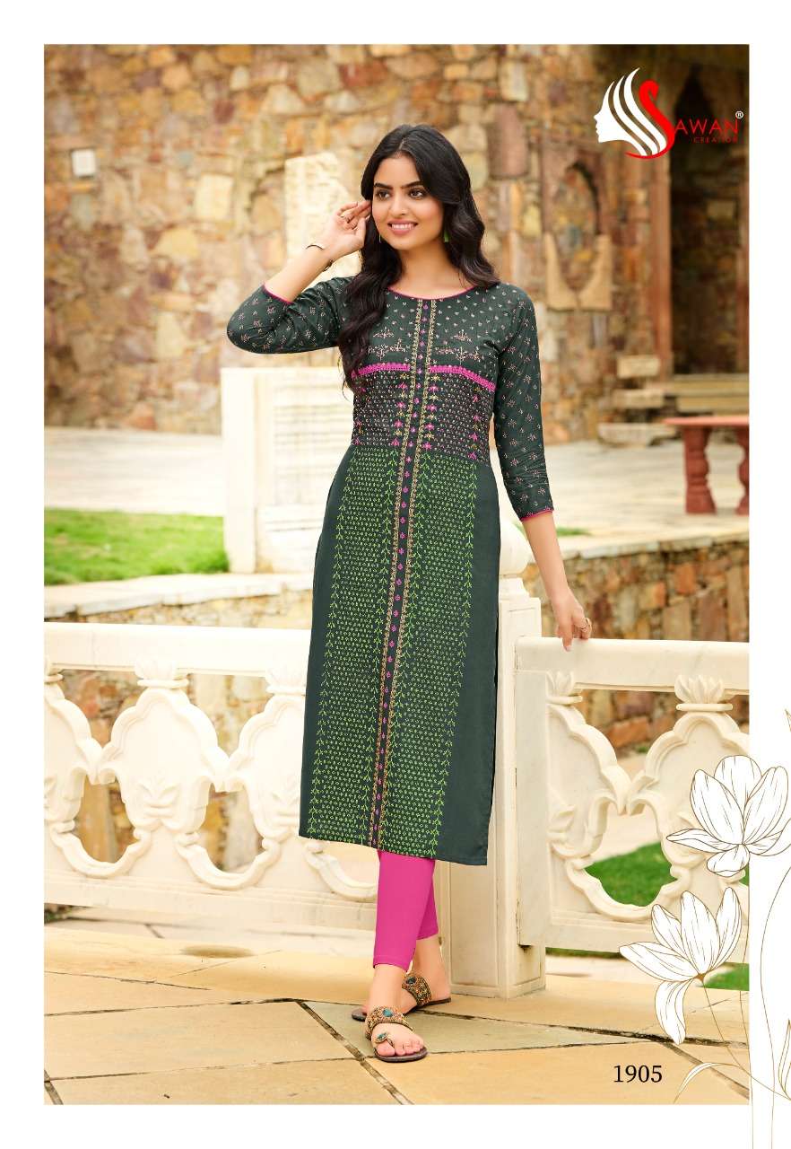 HONEY VOL-19 BY SAWAN CREATION 1901 TO 1912 SERIES DESIGNER STYLISH FANCY COLORFUL BEAUTIFUL PARTY WEAR & ETHNIC WEAR COLLECTION RAYON EMBROIDERY KURTIS AT WHOLESALE PRICE