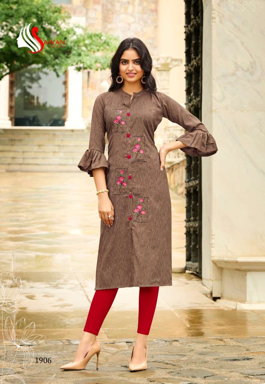 HONEY VOL-19 BY SAWAN CREATION 1901 TO 1912 SERIES DESIGNER STYLISH FANCY COLORFUL BEAUTIFUL PARTY WEAR & ETHNIC WEAR COLLECTION RAYON EMBROIDERY KURTIS AT WHOLESALE PRICE