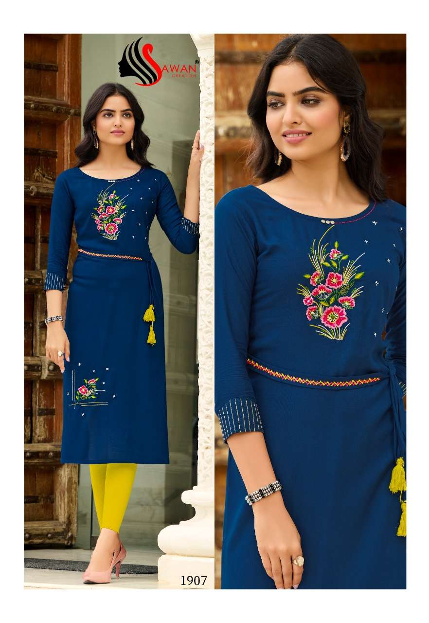 HONEY VOL-19 BY SAWAN CREATION 1901 TO 1912 SERIES DESIGNER STYLISH FANCY COLORFUL BEAUTIFUL PARTY WEAR & ETHNIC WEAR COLLECTION RAYON EMBROIDERY KURTIS AT WHOLESALE PRICE