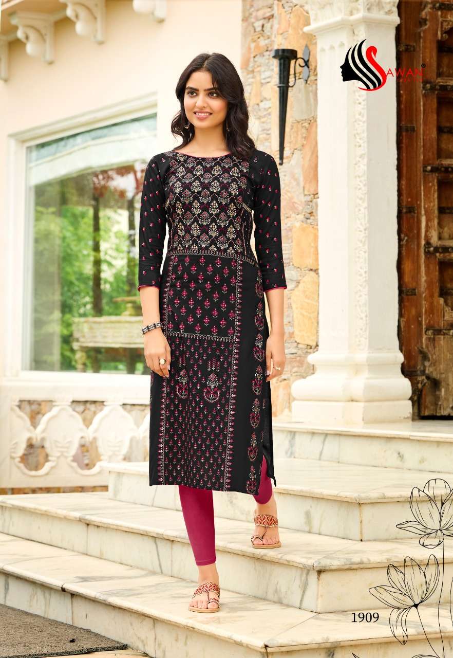 HONEY VOL-19 BY SAWAN CREATION 1901 TO 1912 SERIES DESIGNER STYLISH FANCY COLORFUL BEAUTIFUL PARTY WEAR & ETHNIC WEAR COLLECTION RAYON EMBROIDERY KURTIS AT WHOLESALE PRICE